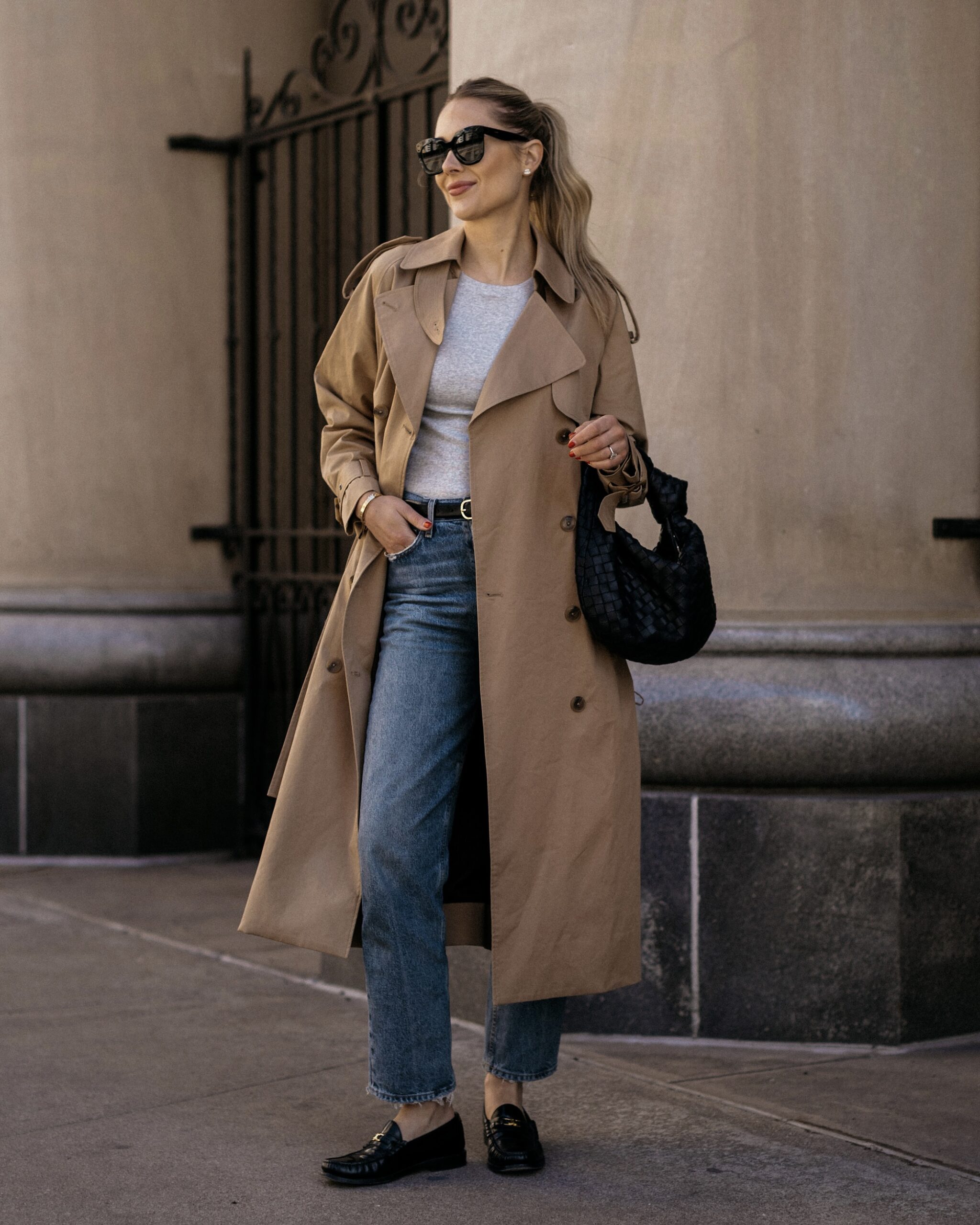 Fashion Jackson Wearing MAYSON the label Long Trench Coat Grey Tee AGOLDE Jeans Celine Black Loafers Bottega Veneta Black Teen Jodie Street Style Outfit Spring Outfit Trench Coat Outfit 1