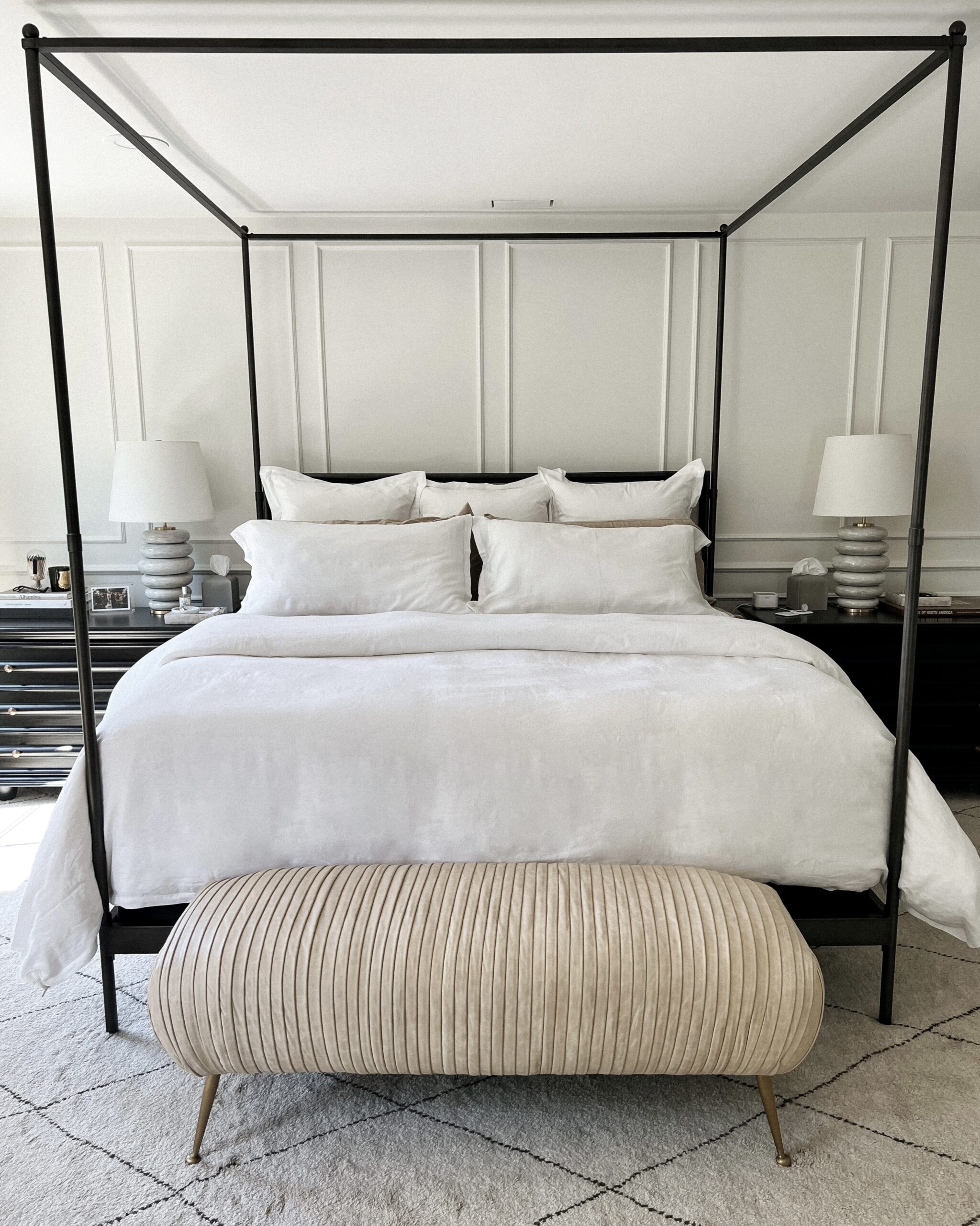 Fashion Jackson Primary Bedroom, Boll and Branch Bedding, RH Canopy Bed, Beretta Leather Bench Beige Fashion Jackson Primary Bedroom, Boll and Branch Bedding, RH Canopy Bed, Beretta Leather Bench Beige
