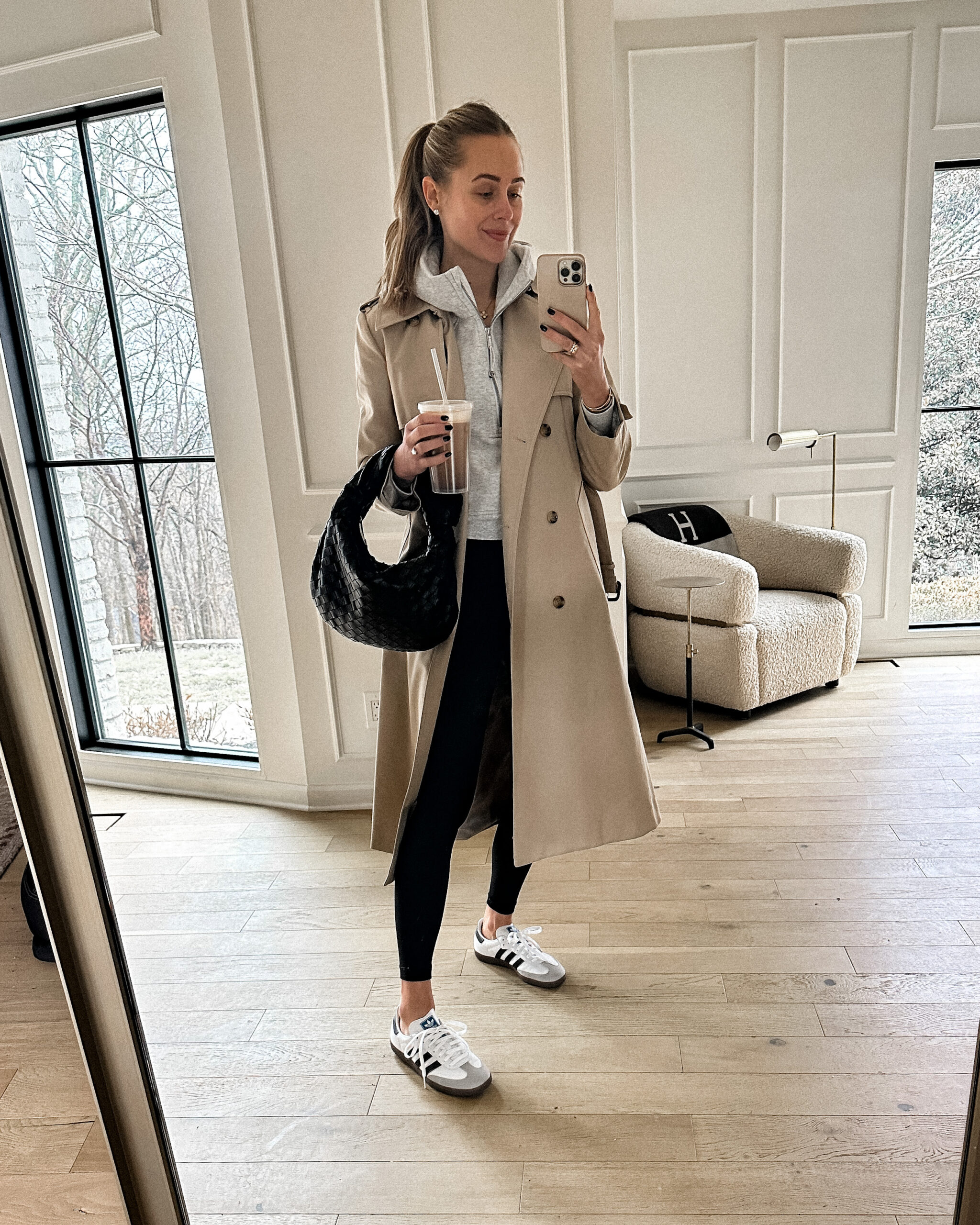 Fashion Jackson Wearing Long Mango Trench Grey Hoodie Sweatshirt Black Leggings Adidas Samba White Sneakers Bottega Veneta Black Teen Handbag Casual Outfit
