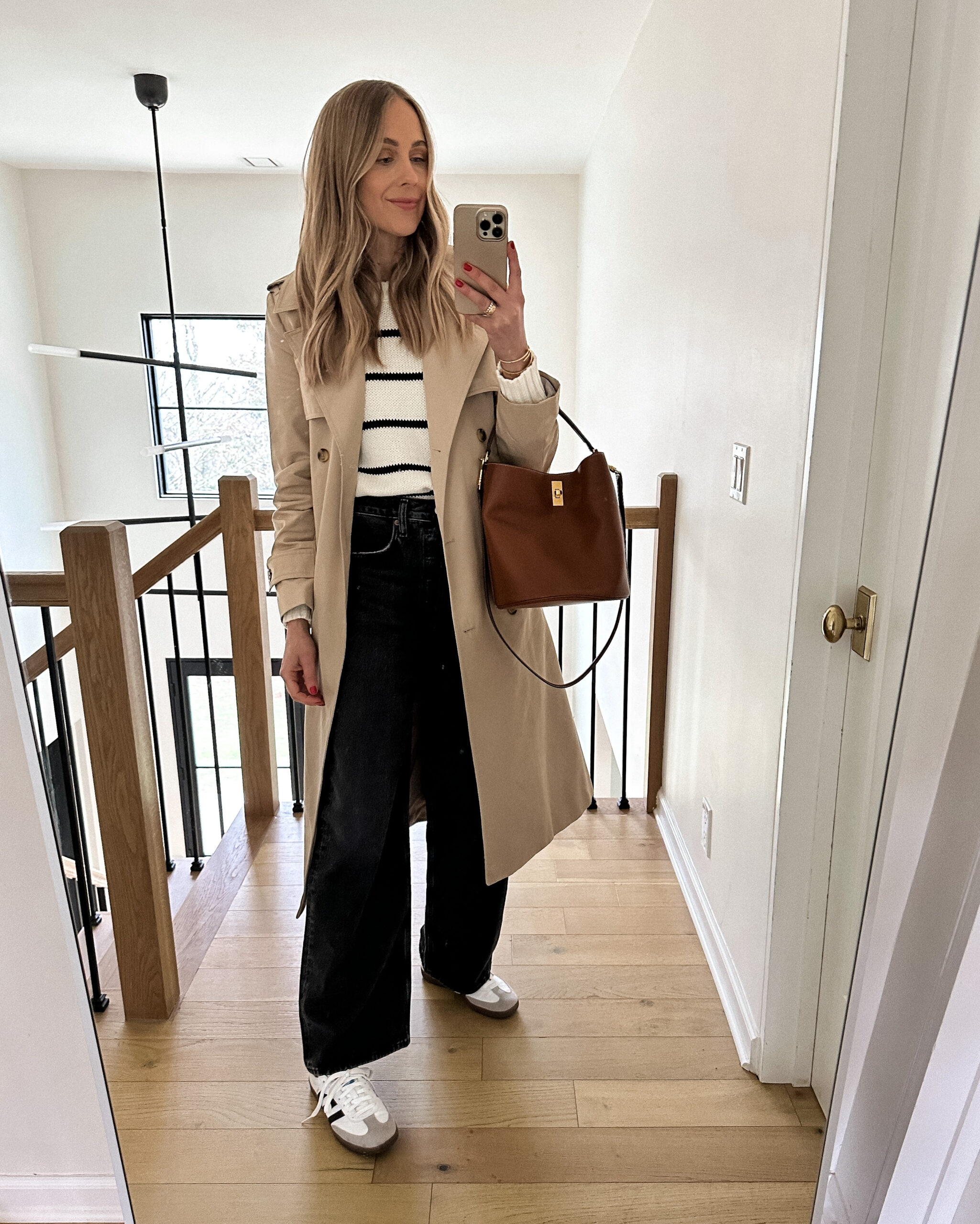 Fashion Jackson Wearing Mango Long Trench Coat Jenni Kayne White Black Stripe Sweater AGOLDE Slouchy Black Jeans Samba OG White Sneakers Celine Triomphe Bucket Bag Spring Capsule Wardrobe