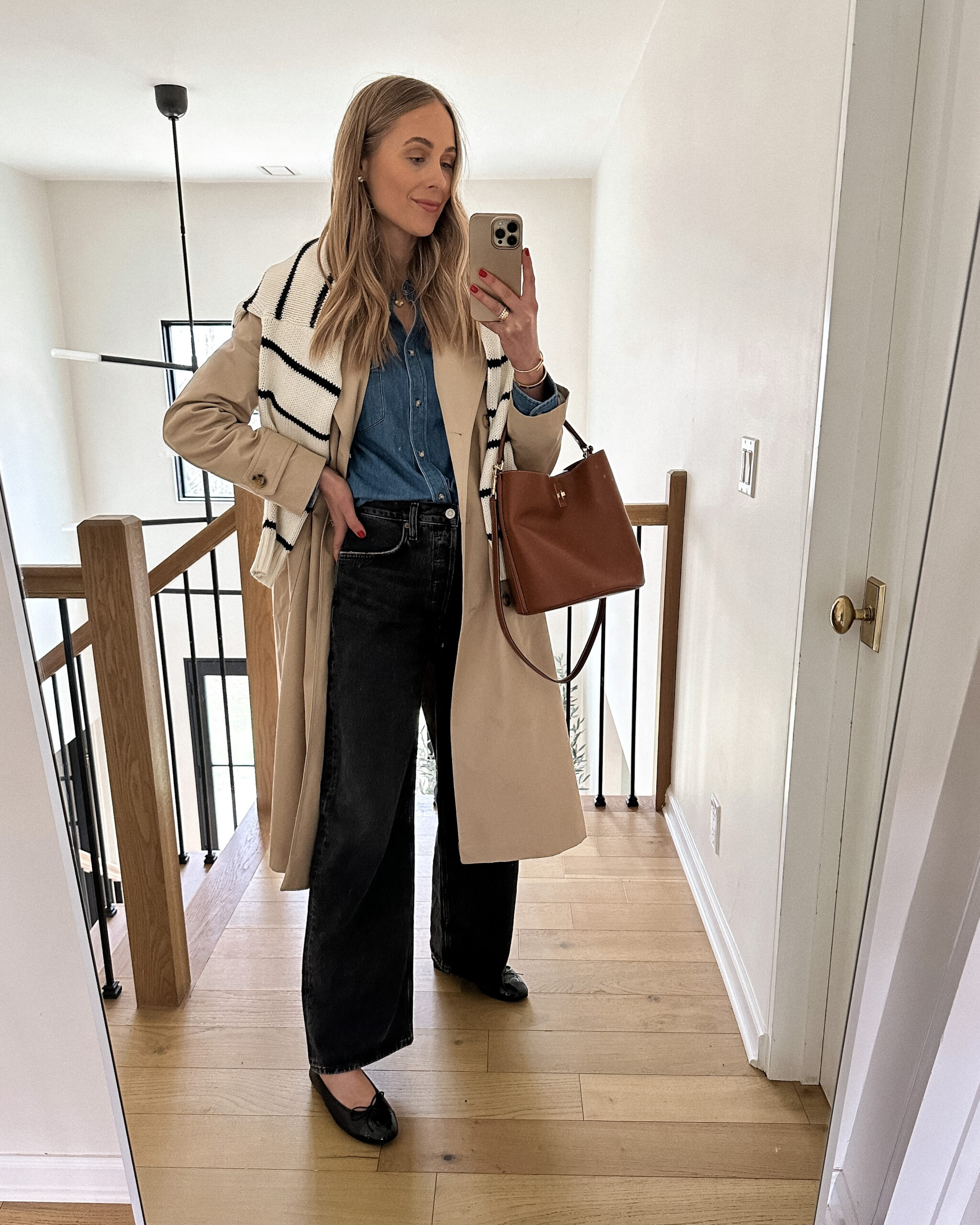 Fashion Jackson Wearing Long Trench Coat Denim Shirt AGOLDE Slouchy Jeans Striped Sweater Chanel Ballet Flats Celine Triomphe Bucket Bag Spring Capusle Wardrobe