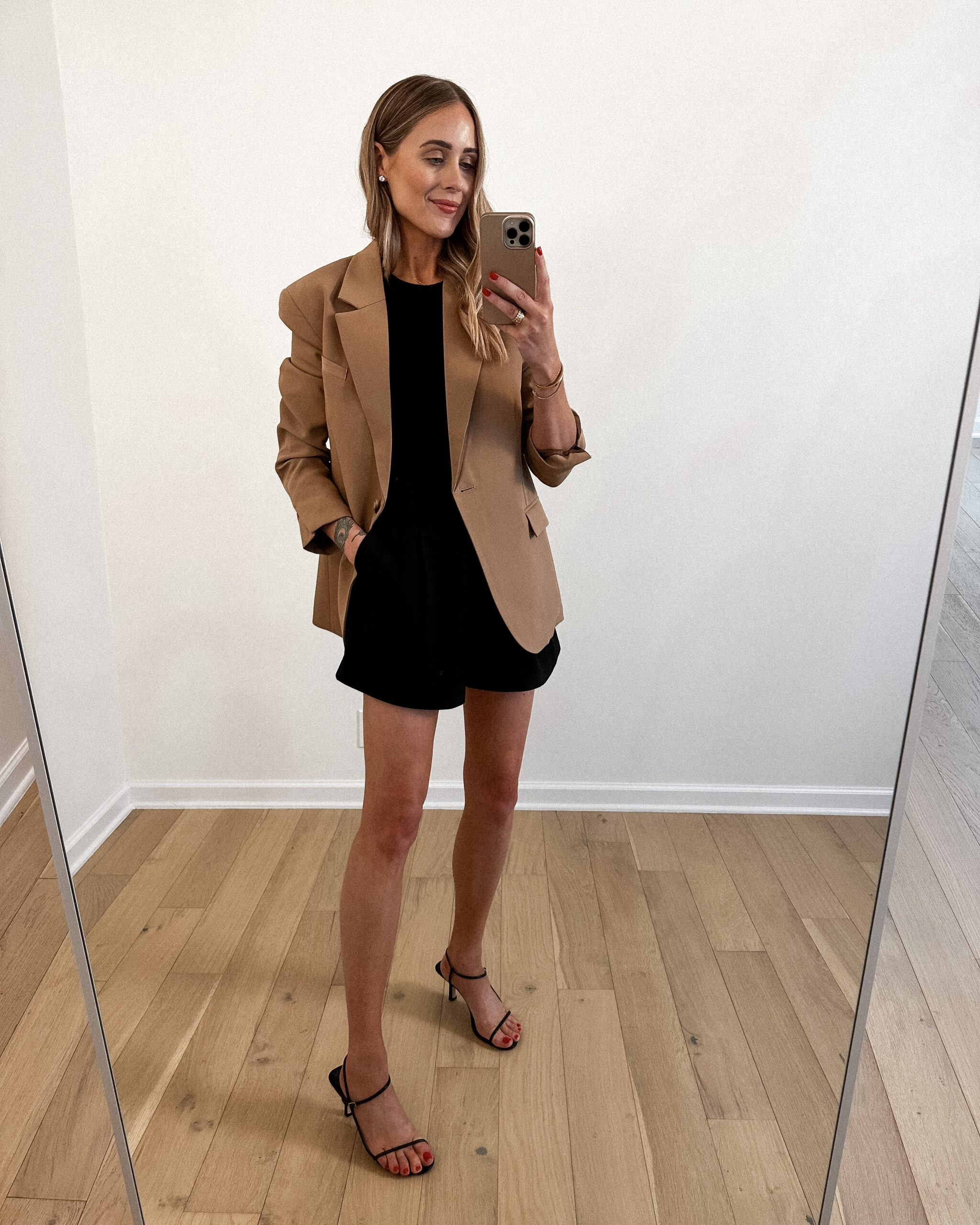Fashion Jackson Wearing MAYSON the label Camel Boyfriend Blazer, Black Tank, Black Trouser Shorts, Black Strappy Sandals, Business Casual Workwear Outfit