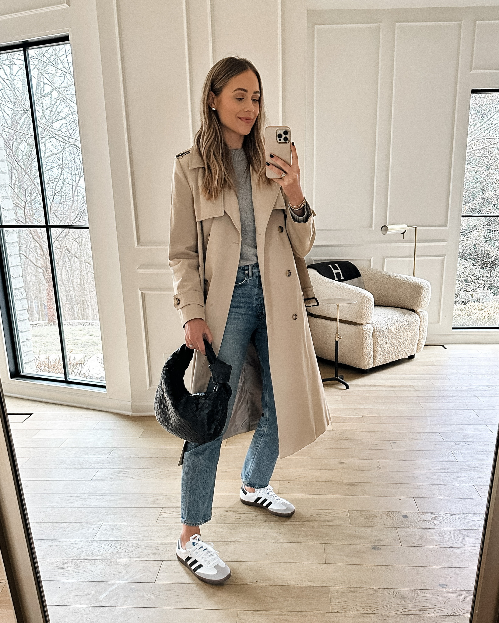 Fashion Jackson Wearing Mango Trench Coat Grey Sweater AGOLDE 90s Jeans adidas Samba sneakers Bottega Veneta black Handbag Daily outift