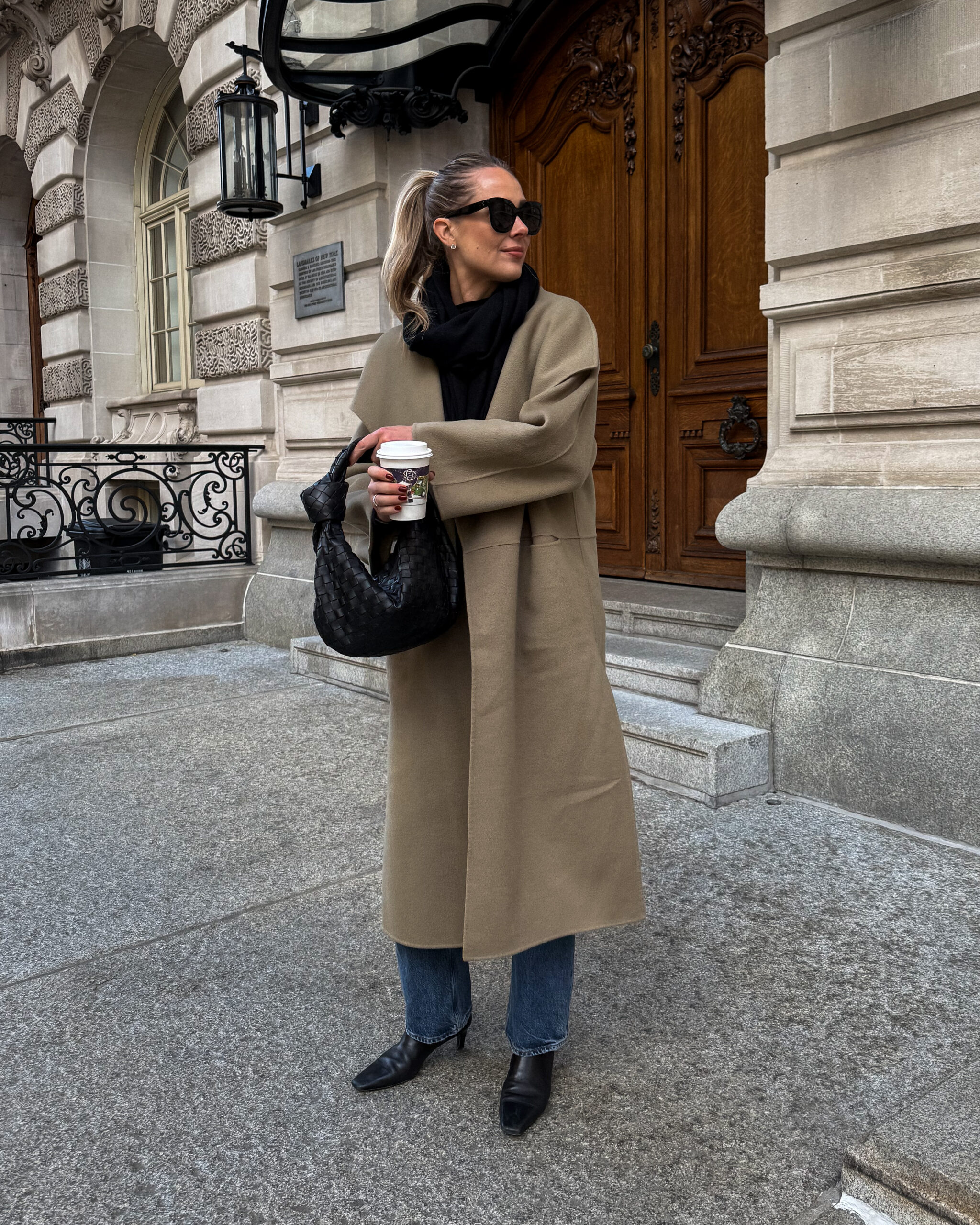 Fashion Jackson Wearing Toteme Camel Wool Coat Black Boots Fall Winter Outfit
